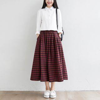 Gingham Midi A-line Skirt Midi Skirt - Plaid - Red & Black - One Size