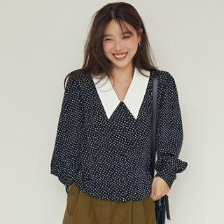 Collared Color Block Blouse Black & White - One Size