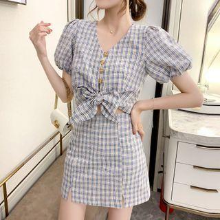 Set: Puff-sleeve Plaid Cropped Blouse + Mini Pencil Skirt