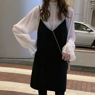 Flared Cuff Ruffled Collar Chiffon Blouse / Spaghetti Strap Pinafore Dress