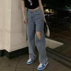 Distressed Wide-leg Jeans / Short-sleeve Print T-shirt