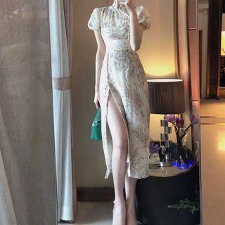 Short-sleeve Floral Print Slit Qipao