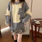 Two-tone Bear Embroidered Sweater Gray & Off-white - One Size