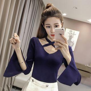 Bell-sleeve Halter Neck Knit Top