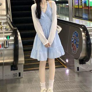 Spaghetti-strap Halter Neck Mini A-line Dress / Cardigan