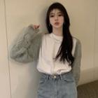 Short-sleeve Graphic Print T-shirt / Open-front Cropped Cable Knit Cardigan