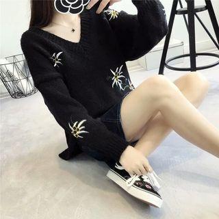 V-neck Floral Embroidered Sweater