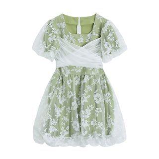 Puff-sleeve Mesh Overlay Mini A-line Dress Green - One Size
