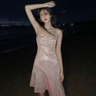 Spaghetti Strap Glitter A-line Dress Almond - One Size