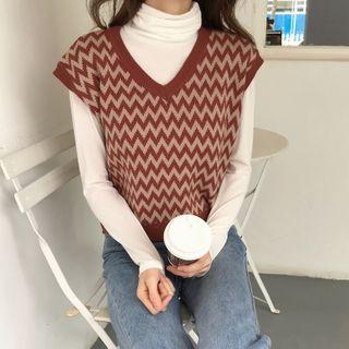 Turtleneck Long-sleeve T-shirt / Patterned Knit Vest