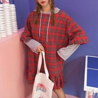 Plaid Mock Two-piece Long-sleeve Hoodie Dress