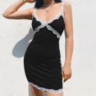 Sleeveless V-neck Lace Trim Mini Bodycon Dress