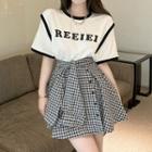 High-waist Plaid Strappy A-line Mini Skirt / Short-sleeve Contrast Trim Lettering T-shirt