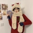 Deer Horn Chenille Hooded Scarf With Mittens Beige - One Size
