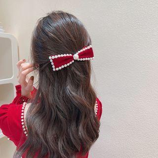 Bow Faux Pearl Velvet Hair Clip