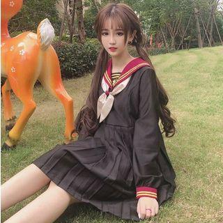 Long-sleeve Sailor Collar Pleated Dress Black - One Size