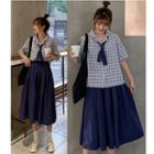 Short-sleeve Plaid Shirt / A-line Skirt