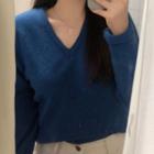Plain V-neck Knit Top Blue - One Size
