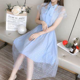Short-sleeve Dotted Mesh Lace Trim A-line Midi Dress