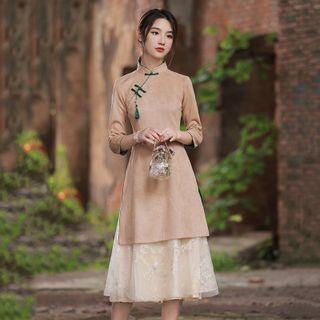 3/4-sleeve Faux Suede Midi A-line Qipao Dress