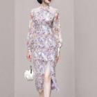 Long-sleeve Floral Lace Panel Slit Sheath Dress