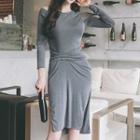 Cutout Shoulder Shirred Knit Sheath Dress