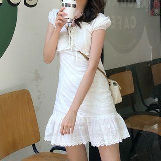 Balloon-sleeve Lace-up Ruffled A-line Dress