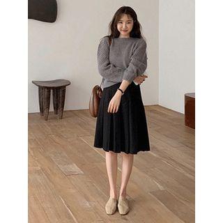 Band-waist Plated Midi Skirt With Sash