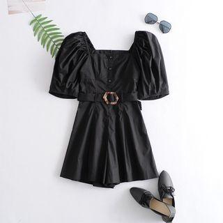 Square-neck Buttoned Tie-waist Playsuit