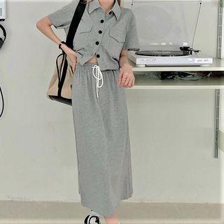 Set: Short-sleeve Polo Shirt + Midi Skirt Set - Gray - One Size