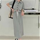 Set: Short-sleeve Polo Shirt + Midi Skirt Set - Gray - One Size