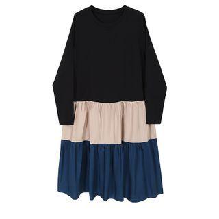 Color Panel Long-sleeve Tiered Midi A-line Dress