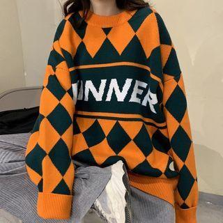 Lettering Argyle Knit Sweater