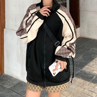 Argyle Print Panel Zip Baseball Jacket Black - One Size