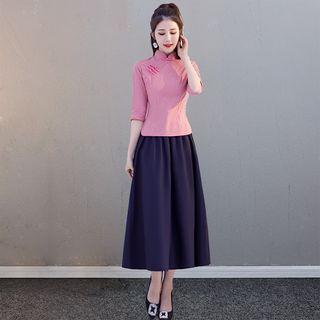 Checked 3/4-sleeve Hanfu Top / Midi A-line Skirt / Set
