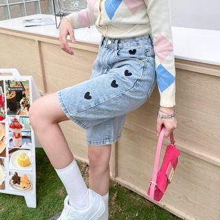 Heart Embroidered Straight Leg Denim Shorts
