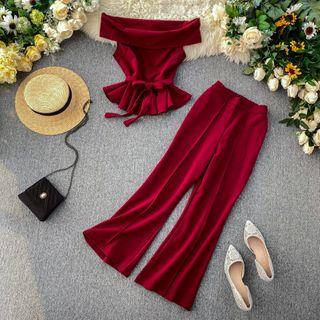 Set: Off-shoulder Peplum Blouse + Wide Leg Pants