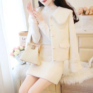 Set: Beaded Faux-fur Jacket + A-line Skirt