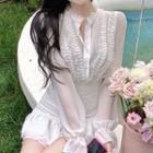 Long-sleeve Lace Trim Ruffle Hem Mini Sheath Dress