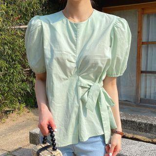 Short-sleeve Ribbon-waist Top Green - One Size