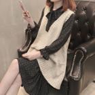 Set: Plaid Tie-neck Long-sleeve Shift Dress + Knit V-neck Vest