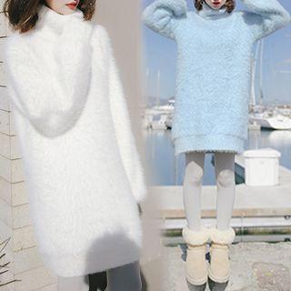 Long-sleeve Turtleneck Furry Mini Knit Dress