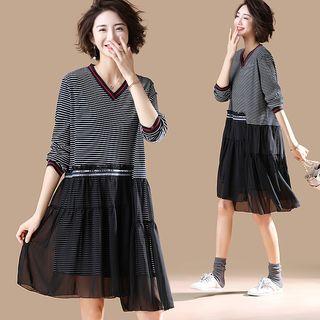 Long-sleeve Striped Paneled Chiffon Dress