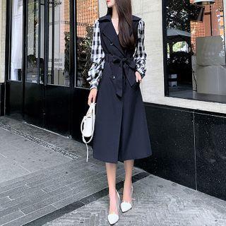 Plaid Sleeve Midi A-line Coat Dress
