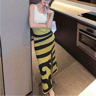 Knit Panel Midi Sheath Tank Dress White & Green - One Size