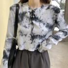 Long-sleeve Tie Dye Lace Up T-shirt Black & White - One Size