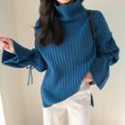 Turtleneck Tie-cuff Ribbed Sweater