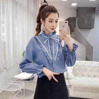 Polka Dot Puff-sleeve Ruffle Trim Shirt