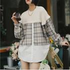 Mock Two-piece Knit Panel Plaid Top Off-white - One Size