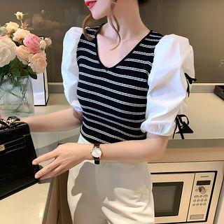 Puff-sleeve Bow Detail Striped T-shirt